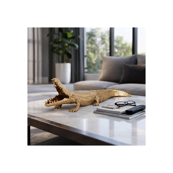 Metal Alligator Tabletop Figurine for Home Decor -  Decorative Sculpture for Bathroom, Office, and Living Room Decor - Exotic Ornaments for Shelf and Coffee Table Display - 11", Gold & Metallic
