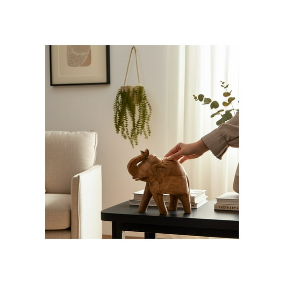 Handcrafted Wooden Elephant Figurine - Rustic Mango Wood Sculpture for Home & Office Decor - Casual Style Accent for Living Room, Bedroom & Workspace - 8" Brown