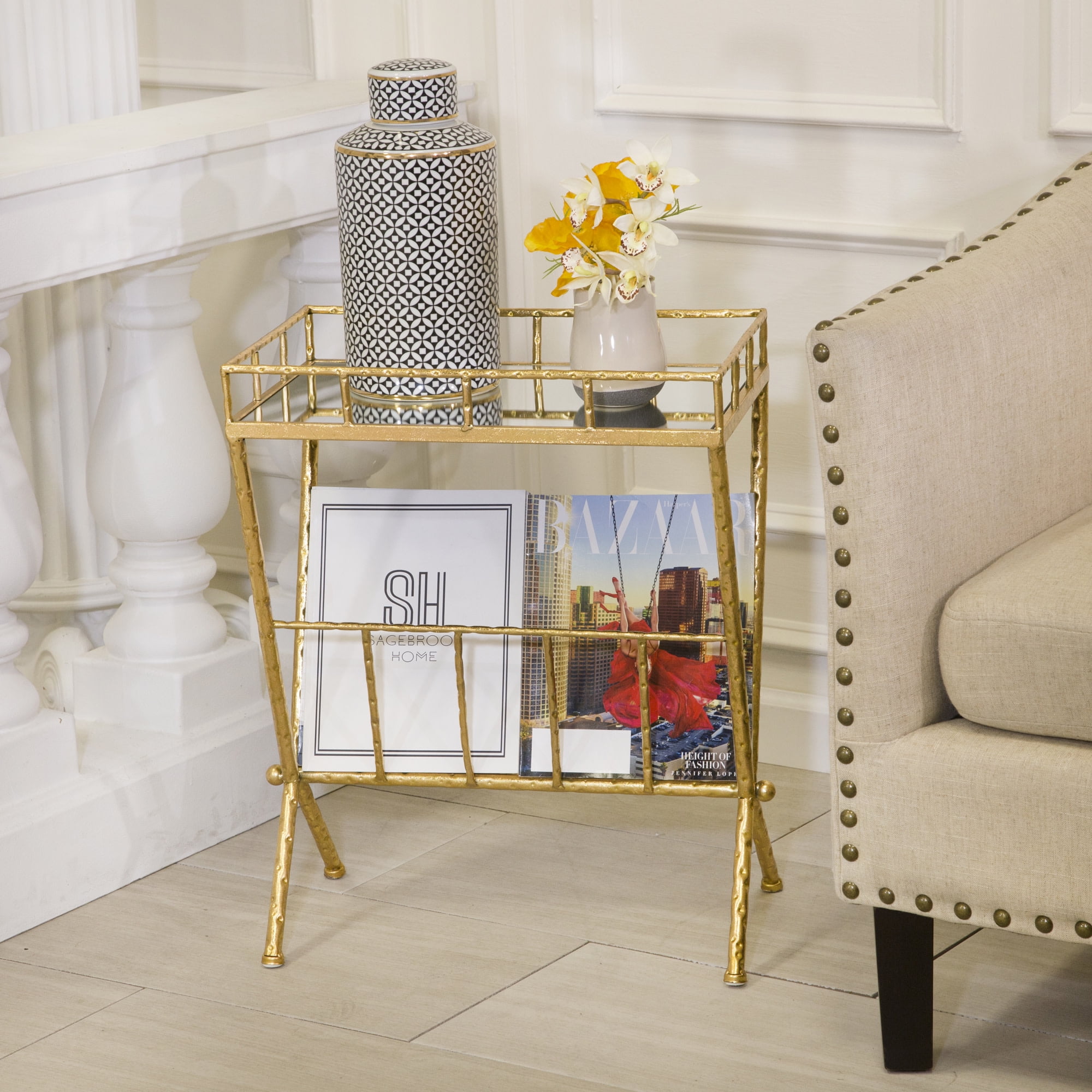 Elegant 25" Gold Metal and Mirrored Wood End Table