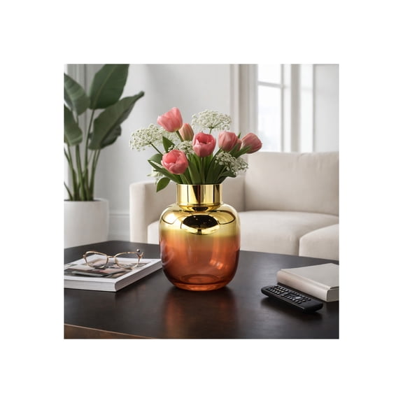 Elegant Glass Vase for Living Room Decor - Refined Home Decor Accents with Metallic Finish - Decorative Flower Vase for Room, Bedroom, House, Office, and Table Placement - 10", Pink & Gold