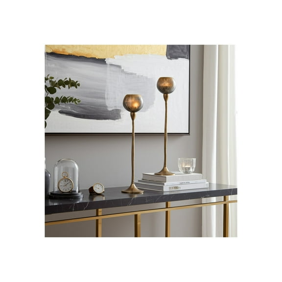 Glam Metal and Glass Candle Holder Set with Modern Aluminum Stems and Decorative Silhouette, Versatile Taper and Pillar Candlestand Design for Elegant Accents and Stylish Display, Set of 3