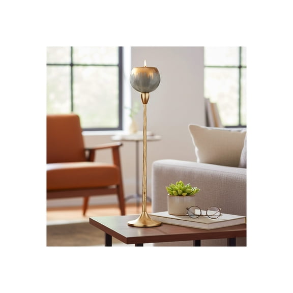 Elegant Tall Glass and Metal Tealight Candle Holder - Decorative Pillar or Votive Candlestick Holder for Table Centerpiece - Home Decor Accent for Entryway or Living Room Styling - 24", Gray & Gold