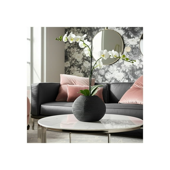 Modern Glass Vase - Textured Decorative Round Flower Vase for Home, Office & Living Room - Elegant Handcrafted Table Centerpiece - 8" Black