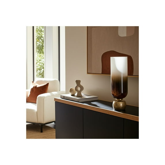 Modern Glass & Metal Pillar Candle Holder - Elegant Aluminum Base - Decorative Ombre - Home & Office Accent for Living Room, Bedroom - 19" Ivory, Brown, Gold