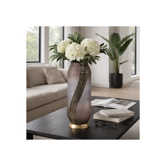 Textured Glass Vase for Living Room Decor - Modern Home Decor Accents with Sculpted Vertical Detail - Decorative Flower Vase for Room, Bedroom, House, Office, and Table Display - 15", Pink & Gold