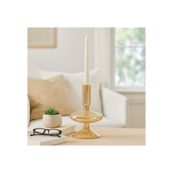 Decorative Glass Candle Holder for Taper Candles - Modern Candlestick Holder with Disc and Sphere Design for Table Decor - Pair with Gold Centerpieces for Tables and Living Room Display - 5", Gold