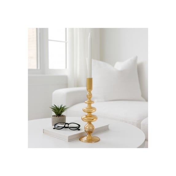 Decorative Glass Candle Holder for Taper Candles - Modern Candlestick Holder with Disc and Sphere Design for Table Decor - Pair with Gold Centerpieces for Tables and Living Room Display - 11", Gold