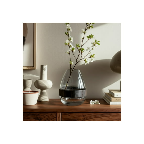 Glass Vase with Wood Accent - Modern Decorative Frosted Clear Glass Flower Vase for Home, Office, Bedroom, and Living Room - 10" Clear & Frost