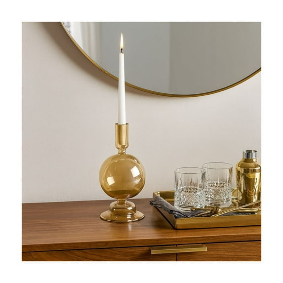 Glass Taper Candle Holder - Elegant Boho Glam Decorative Pillar Stand for Home, Office, Bedroom & Living Room - 7" Gold