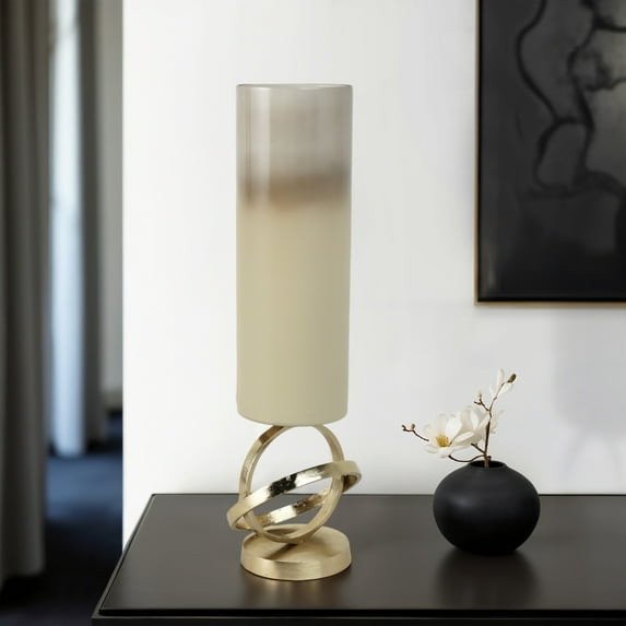 Contemporary Glass and Aluminum Pillar Holder with Sculptural Metal Ring Base for Decorative Accent Display