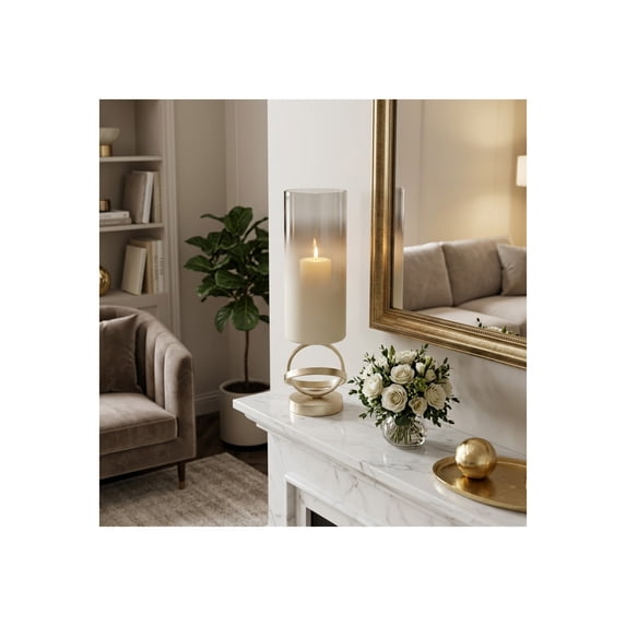 Sleek Cylindrical Hurricane Candle Holder for Home Decor - Frosted Glass and Metal Ring Base Accent for Table Centerpiece - Pillar Candle Stick Holder for Console and Mantel - 18", White & Gold