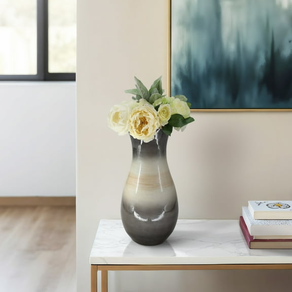 Modern Glass Vase with Rim - Handcrafted Decorative Centerpiece for Home, Office & Living Room - 18" Brown, Ivory, Gold