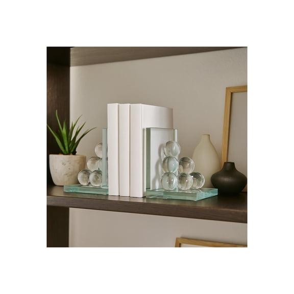 Decorative Glass Orb Bookends for Home Decor - Modern Book Ends for Bookshelf Decor and Book Accessories - Stylish Office Desk Decor, Home Library, or Entryway Accent - Set of 2, 6", Clear & Frost