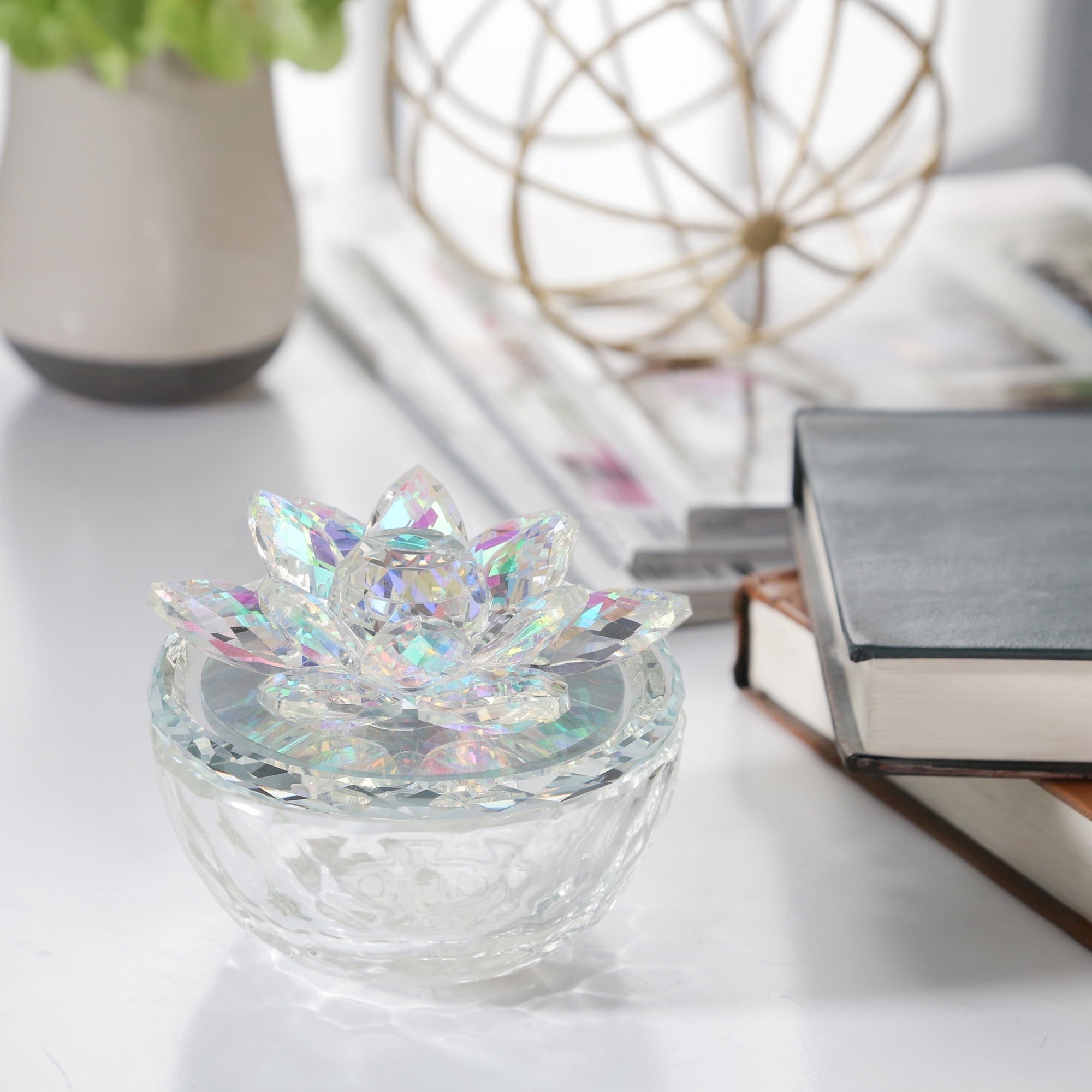 Clear Glass Lotus Top Trinket Box with Multi-Colored Finish