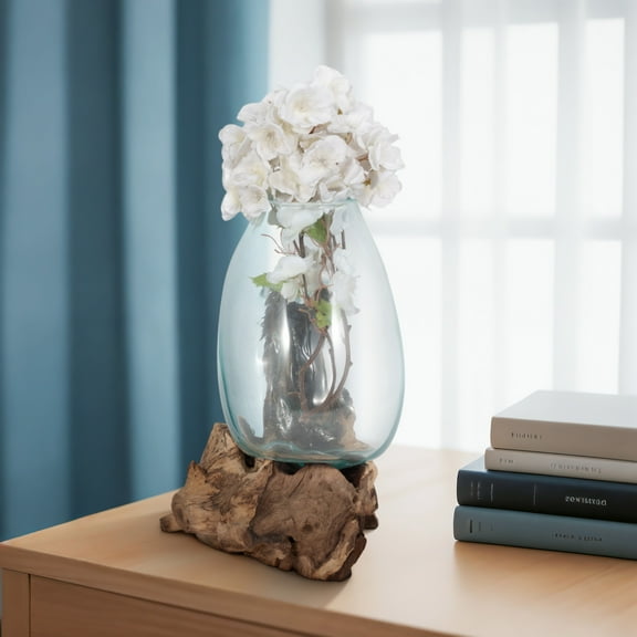 Hand-Blown Glass Vase with Natural Wood Base - 14" Rustic Boho Decorative Centerpiece for Home, Office, Bedroom, Living Room - Unique Brown Driftwood Accent