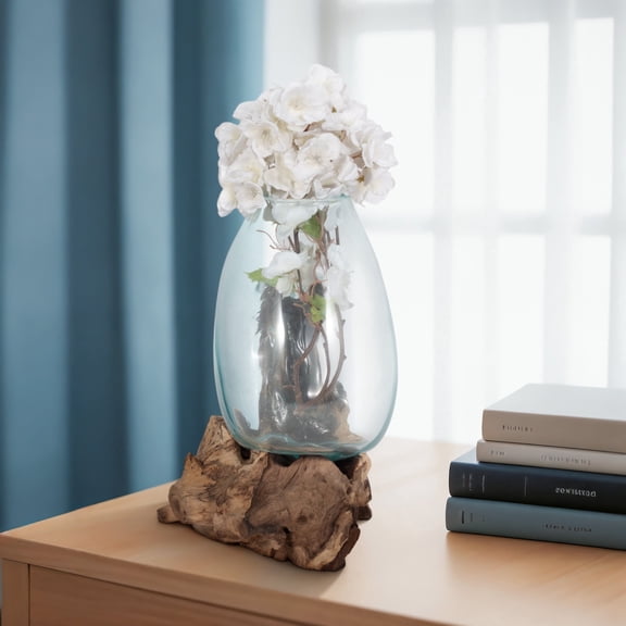 Sagebrook Home Handcrafted Glass Vase with Natural Wood Base for Bedroom Decor - Rustic Accent for Home, Office, Living Room - 15", Brown