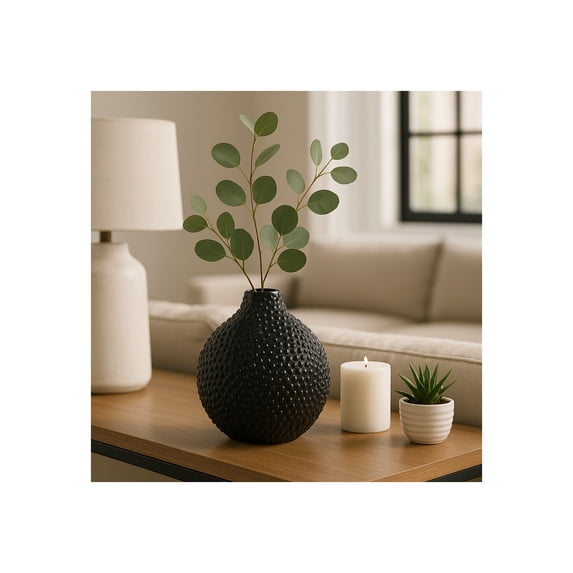 Modern Ceramic Vase with Spiked Finish for Living Room Decor and Home Accents - Decorative Flower Vase for Room, Bedroom or Office Decor - Perfect for House and Table Centerpiece - 8", Black