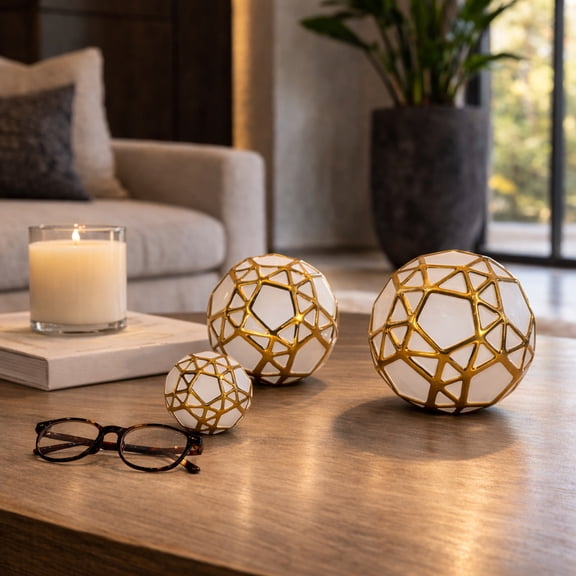 Decorative Ceramic Orbs for Book Shelf - Home Decor Accents for Bathroom, Living Room, and Office Desk - Modern Spheres for Bedroom and Kitchen - Set of 3, 6", 5", 4", White & Gold