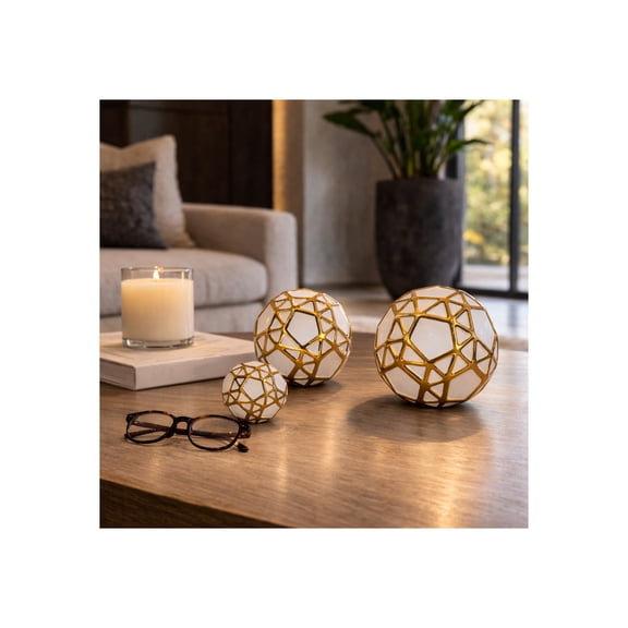 Ceramic Orbs Sculpture Figurine for Home and Bathroom Decor - Ornaments for Office and Room Styling - Display Accent for Living Room, Shelf and Coffee Table - Set of 3, 6", 5", 4", White & Gold