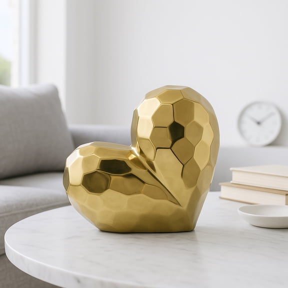 Decorative Ceramic Heart Sculpture for Home Decor - Ornament for Bathroom, Office, and Living Room Decor - Modern Figurine Accent for Bedroom, Shelf Display, and Coffee Table - 8", Gold & Metallic