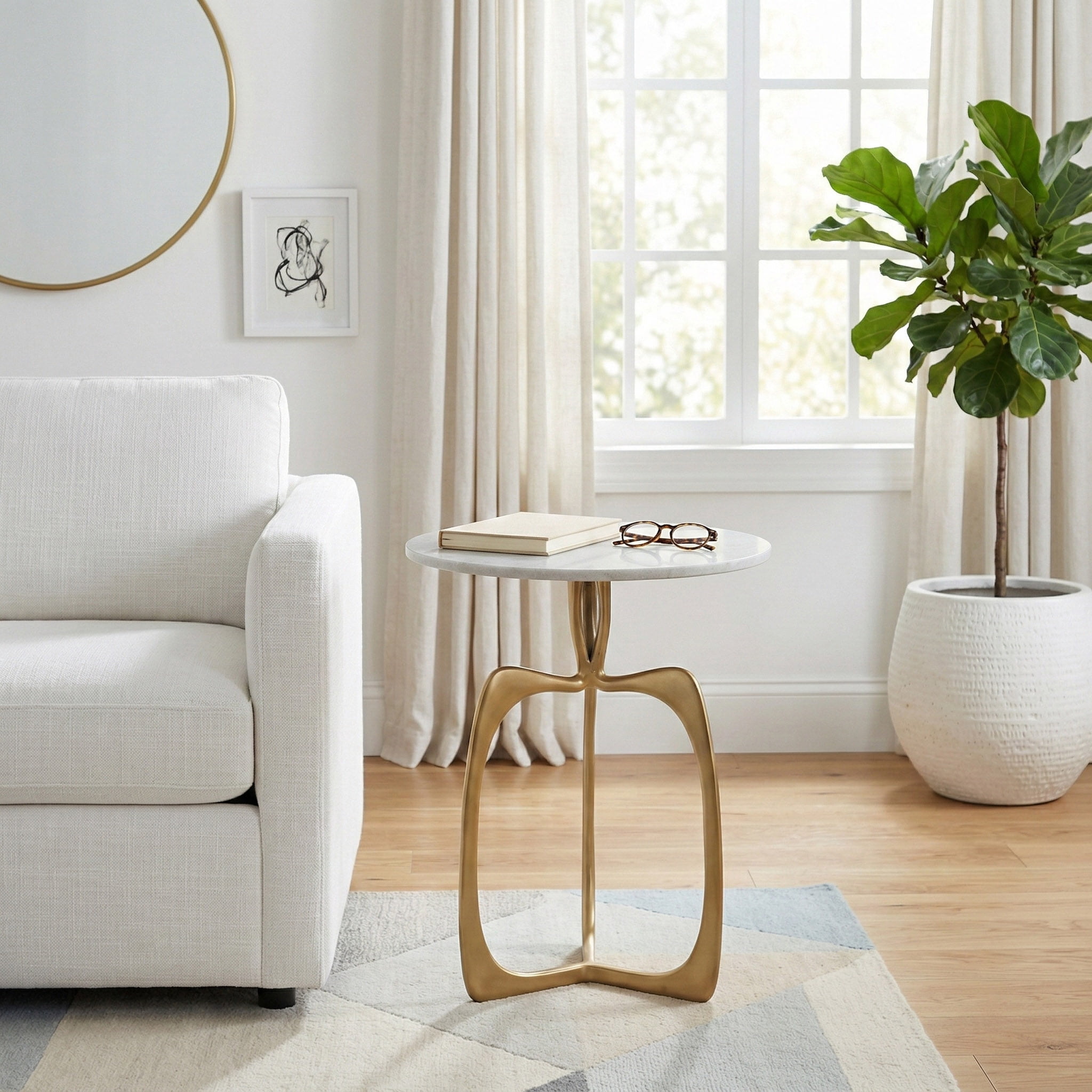 Modern End Table with Marble Top for Bedside or Living Room Decor - Sculptural Aluminum Base Side Table for Small Spaces - Decoarative Compact Accent Table for Home Display - 23", Gold & Metallic