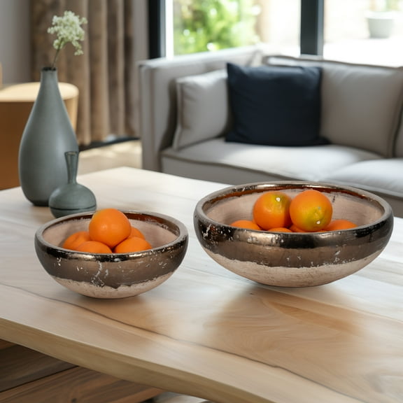 Sagebrook Home Gold Rim Terracotta Bowls, Grey (Set of 2)