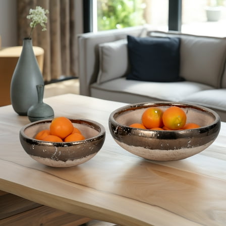 Sagebrook Home Gold Rim Terracotta Bowls, Grey (Set of 2)