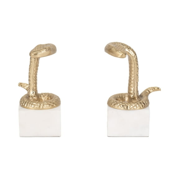Sagebrook Home Gold Snake Bookends - Chic Aluminum and Marble, 7" - Stylish Home Library Essentials (Set of 2)