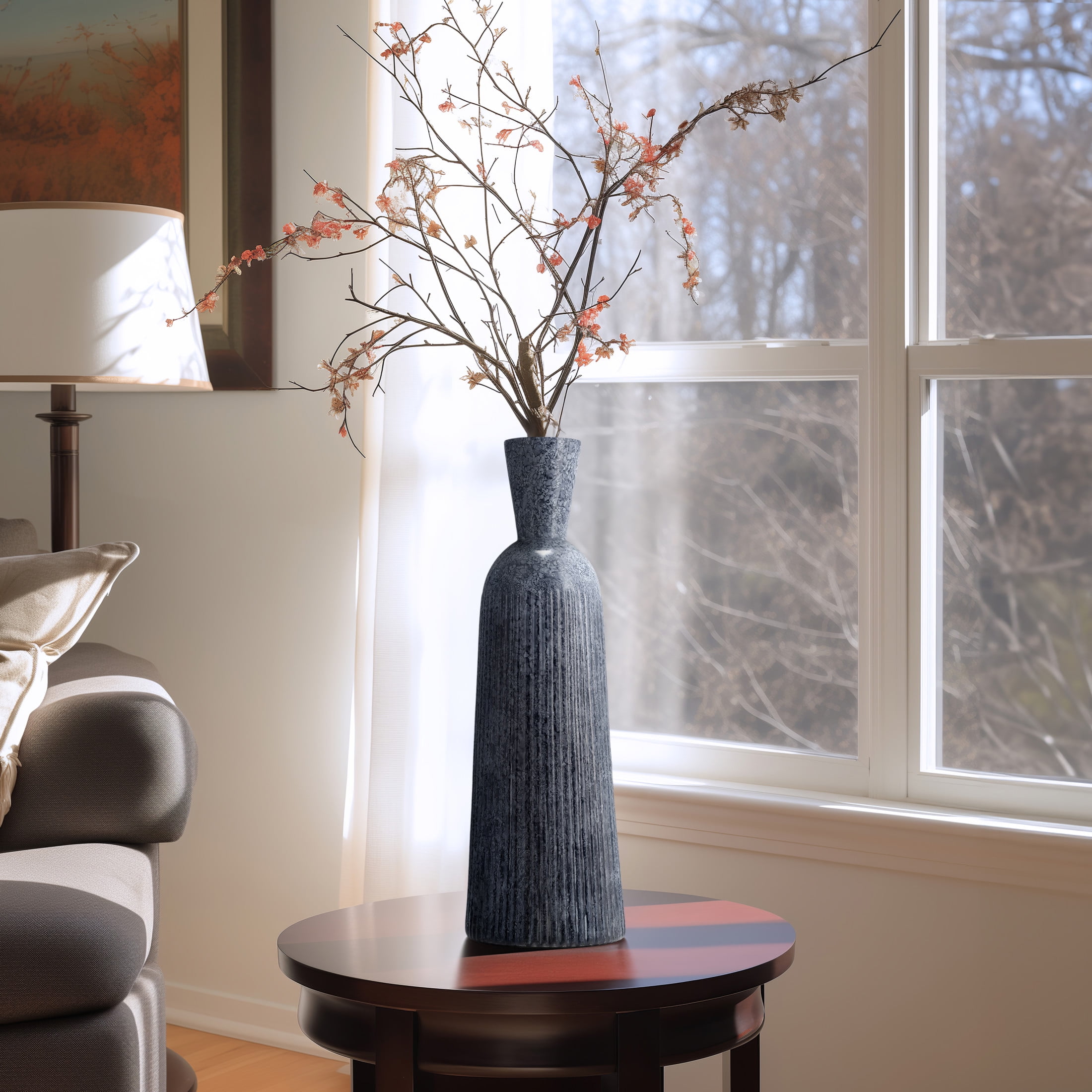 Tall Blue Grooved Glass Vase for Floral Arrangements