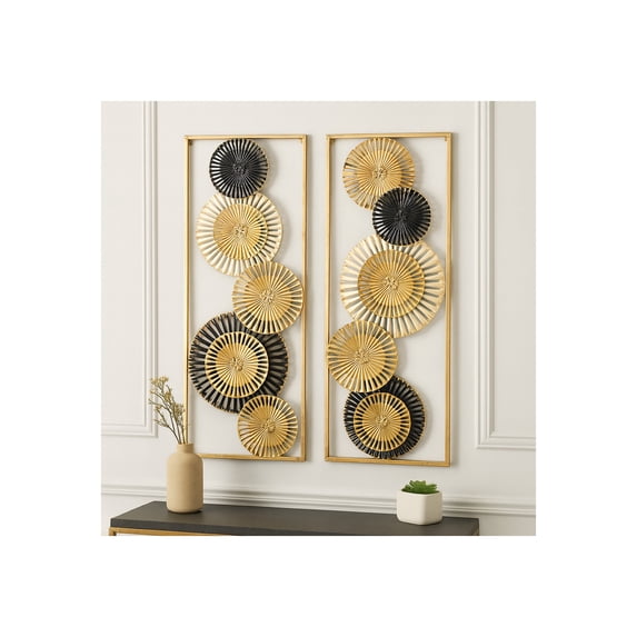 Pierced Disc Metal Wall Panels for Home Decor - Mounted Wall Art for Living Room, Bedroom, and Bathroom - Hanging Decor Accents for Entryway or Hallway Display - Set of 2, 32", Gold & Black