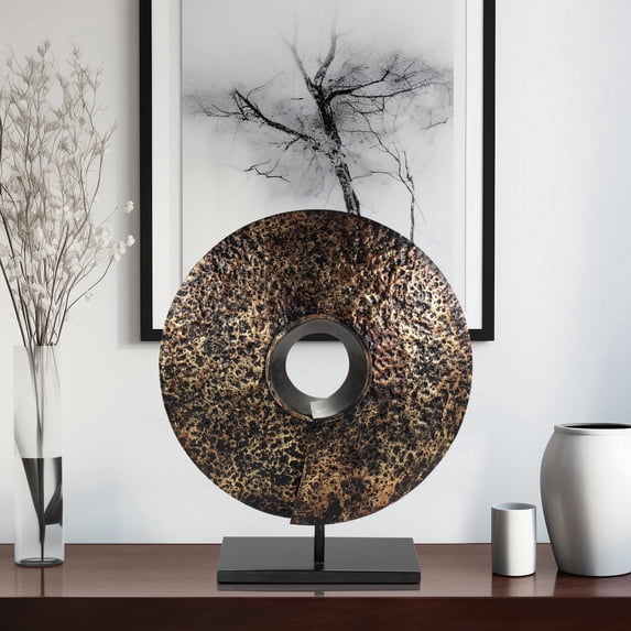 Sculpture Metal Iron Textured Circular Cutout Design Metallic Finish for Home Office Bedroom Living Room Glam Decor - 18" Black & Gold
