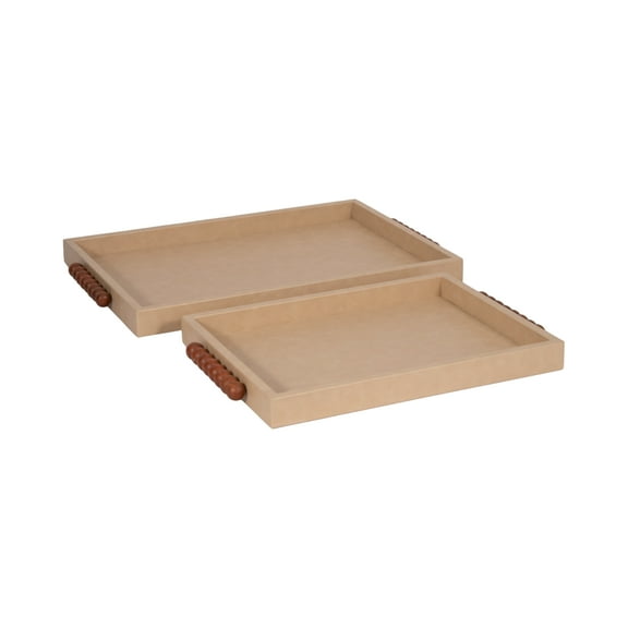 Sagebrook Home Ivory Beaded Handle Trays, MDF and Faux Leather Finish, 16" and 20" (Set of 2)