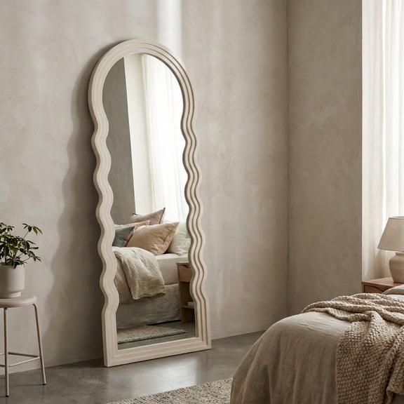 Arched Wall Mirror for Bedroom Decor - Modern Wavy Frame Vanity Mirror for Dorm, Home, Study, Bathroom, or Office - Full-Length Wood Accent for Hallway, Entryway, and Living Room - 65", White