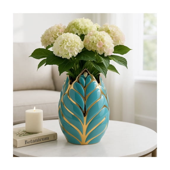 Modern Ceramic Vase for Home Decor - Sculpted Accent Decor for Living Room Decor, Bedroom Accent, Tabletop, or Office Shelf Decor - Decorative Contemporary Flower Vase - 8" Turquoise & Gold