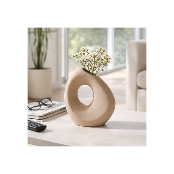 Ceramic Lopsided Vase with Open Cut-Out for Living Room Decor - Decorative Flower Vase for Home Decor, Bedroom, or Office Display - Perfect for House Accent and Dining Room Table - 8", Tan