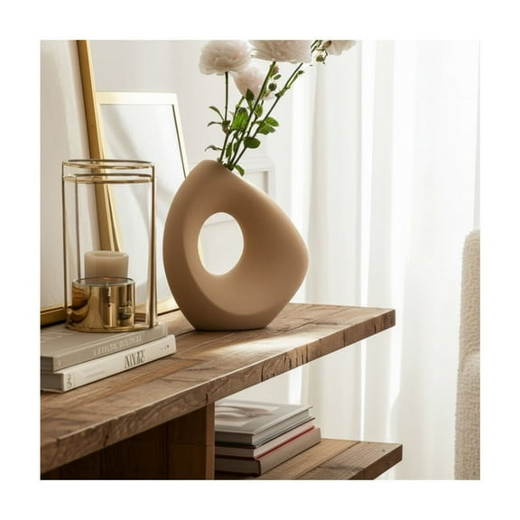 Modern Glam Ceramic Vase - Unique Abstract Design - Stoneware Home Decor Accent for Living Room, Bedroom & Office - 8" Tan