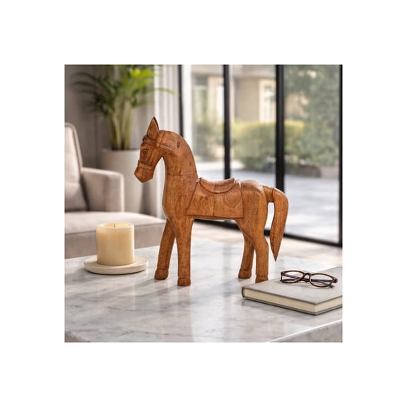 Mango Wood Horse with Saddle for Home Decor - Sculptural Animal Ornaments for Bathroom, Office, and Living Room Decor - Casual Statue for Bookshelf, Bedroom, or Coffee Table - 12", Brown