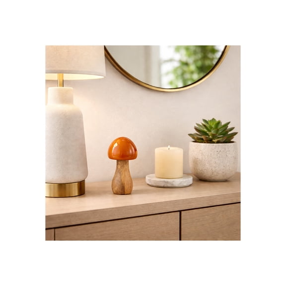 Elegant Mango Wood Mushroom Sculpture for Home Accent -Ornaments for Bathroom, Office, and Living Room Styling - Decorative Figurine for Shelf or Coffee Table Display - 6", Orange & Brown
