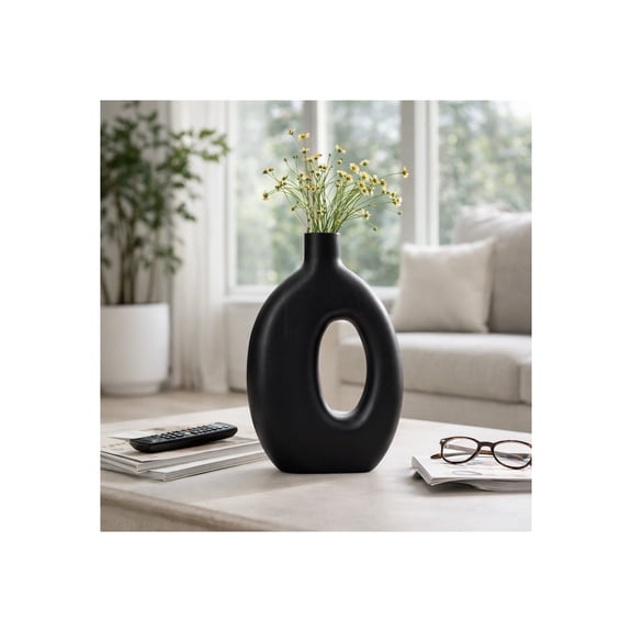 Cut Out Mango Wood Vase for Living Room Decor and Home Accents - Modern Decorative Flower Vase for Room, Bedroom or Office Display - Ideal for House and Table Decor Styling - 14", Black