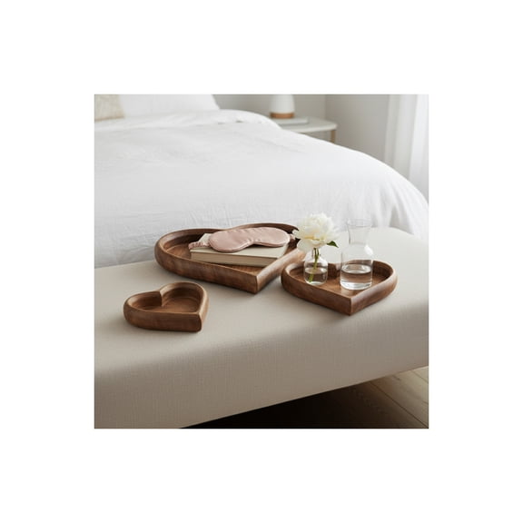 Trays for Bed, Coffee Table, or Home Decor - Charming Heart-Shaped Wooden Trays for Jewelries, Trinkets, or Vanities - A Contemporary Centerpiece Table Decorations - Set of 3, 14", 11", 7" Brown