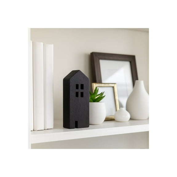 Decorative Wooden House Figurine - Handcrafted Mango Wood Accent - Casual Home Style - Home, Office, Bedroom, Living Room Shelf Decor - 8" Black