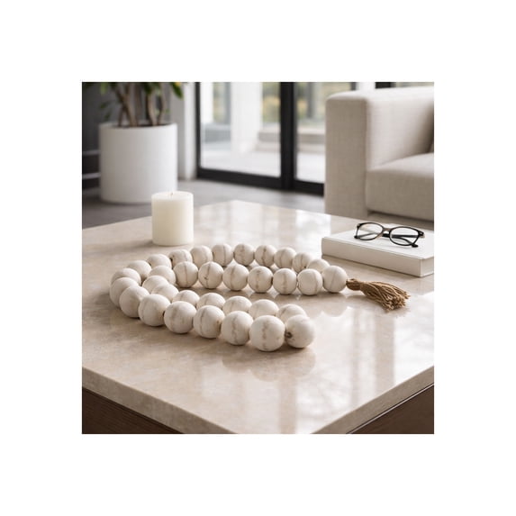 Wooden Bead Garland with Tassel Accent for Home Decor and Bathroom - Draped Styling Detail for Office, Room and Living Room - Shelf and Coffee Table Decor for Styled Surfaces - 2", White