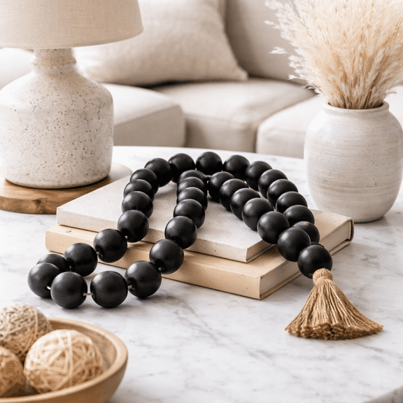 Wooden Beads Garland with Tassel Accent for Home Decor and Bathroom - Draped Styling Detail for Office, Room and Living Room - Shelf and Coffee Table Decor for Styled Surfaces - 2", Black