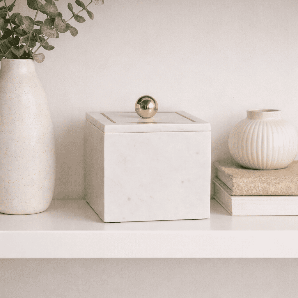 Minimalist Decorative Box for Home Decor - Marble Keepsake Box with Lid and Brass Inlay - Modern Home Organizer for Shelf Storage Boxes or Jewelry Box - 5", White