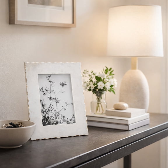 Sagebrook Home Marble Jagged Photo Frame for Home Decor - Picture Frame with Accent Trim for Dresser, Console, and Living Room Decor - 10", White