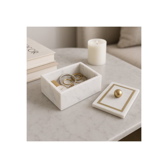 Minimalist Decorative Box for Home Decor - Marble Keepsake Box with Brass Inlay & Lid - Ideal Jewelry Box and Modern Home Organizer - Perfect Addition to Storage Boxes for Shelves - 7" by 5" White