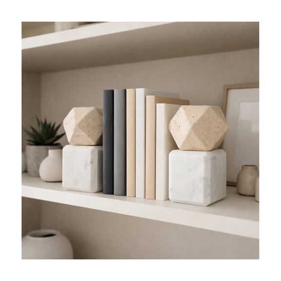 Modern Marble with Hex Orb Book Ends for Shelves - Bookshelf Decor and Book Accessories for Home Library - Decorative Bookends Accent Display for Office, Desk or Living Room Decor - Set of 2, 6", Tan
