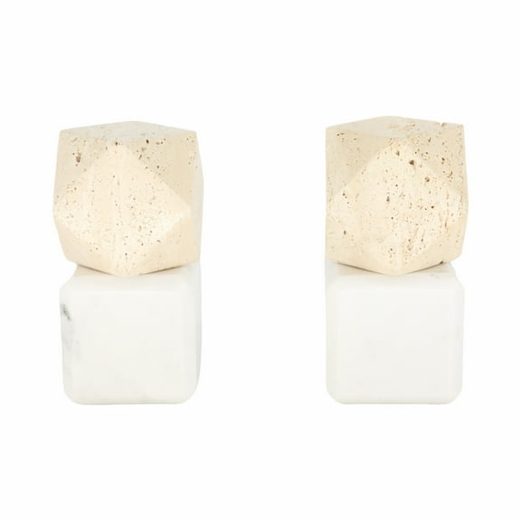 Sagebrook Home Marble Bookends With Travertine Hex Orb Set Of 2 - Stylish Decor
