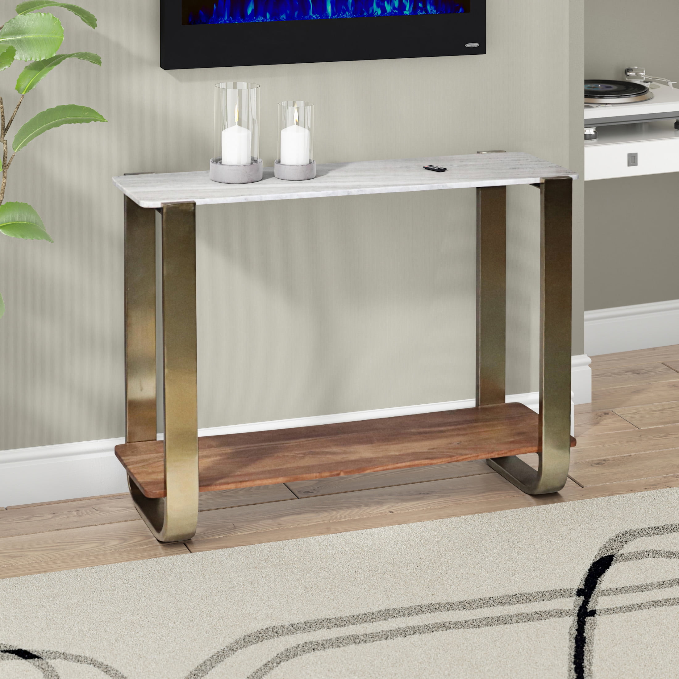 Gold and White Marble Console Table with Wooden Shelf