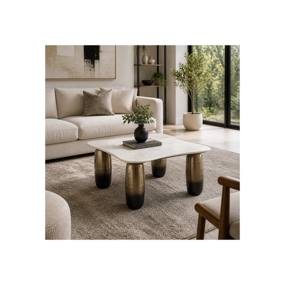 Square Marble-Top and Metal Coffee Table for Home Decor - Modern Living Room Accent Table for Indoor and Outdoor Use - Solid Metal Base Accent for Patio and Living Spaces Styling - 16", Gold & White